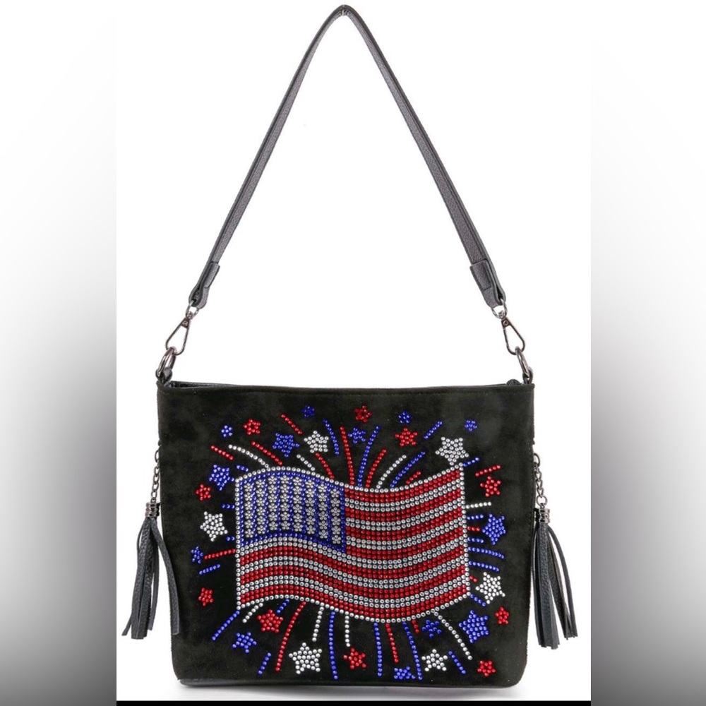 Stylish Black Bling Rhinestone Handbag with American Flag Design